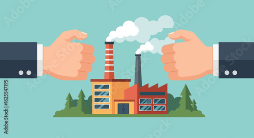Vector Illustrations. The Grasp of Big Business Corporate Hands Controlling an Industrial Factory. AI EPS Editable
