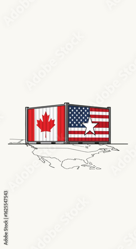 Vector Illustrations. USCanada Trade Partnership Flagged Shipping Containers on a North American Map. AI EPS Editable