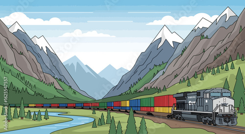 Vector Illustrations. Vibrant Freight Train Winds Through a Serene SnowCapped Mountain Valley. AI EPS Editable