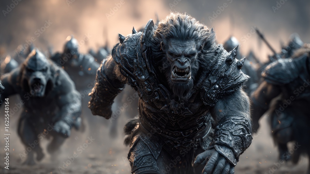 Fototapeta premium Large creatures in armor running in a battle scene.
