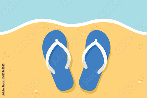 Minimalistic vector illustration of blue flip flops lying on a sandy beach with gentle ocean waves in the background, evoking feelings of relaxation, summer and peaceful beach holidays