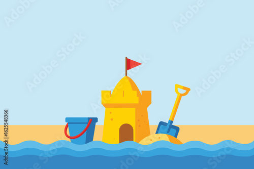 Vector illustration of a colorful beach scene with sandcastle, bucket and shovel