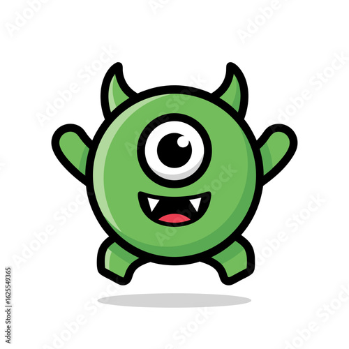Happy Green One Eyed Monster Jumping Cartoon Illustration