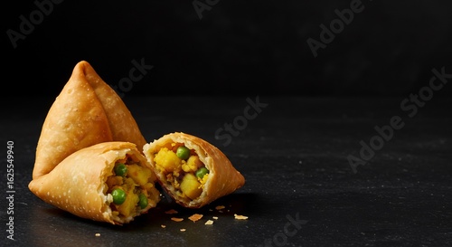 Crispy fried Indian samosas, a popular savory snack. One is broken to show the delicious potato and pea filling. Served on a dark slate against a black background with copy space.