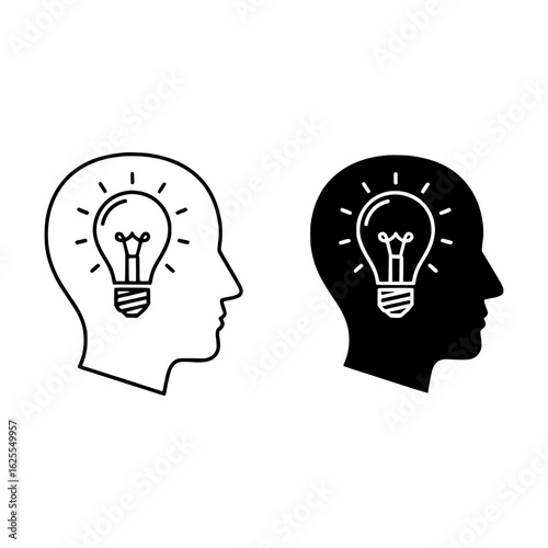 outline and solid black icon of side human head with lit light bulb inside symbolizing idea and creativity