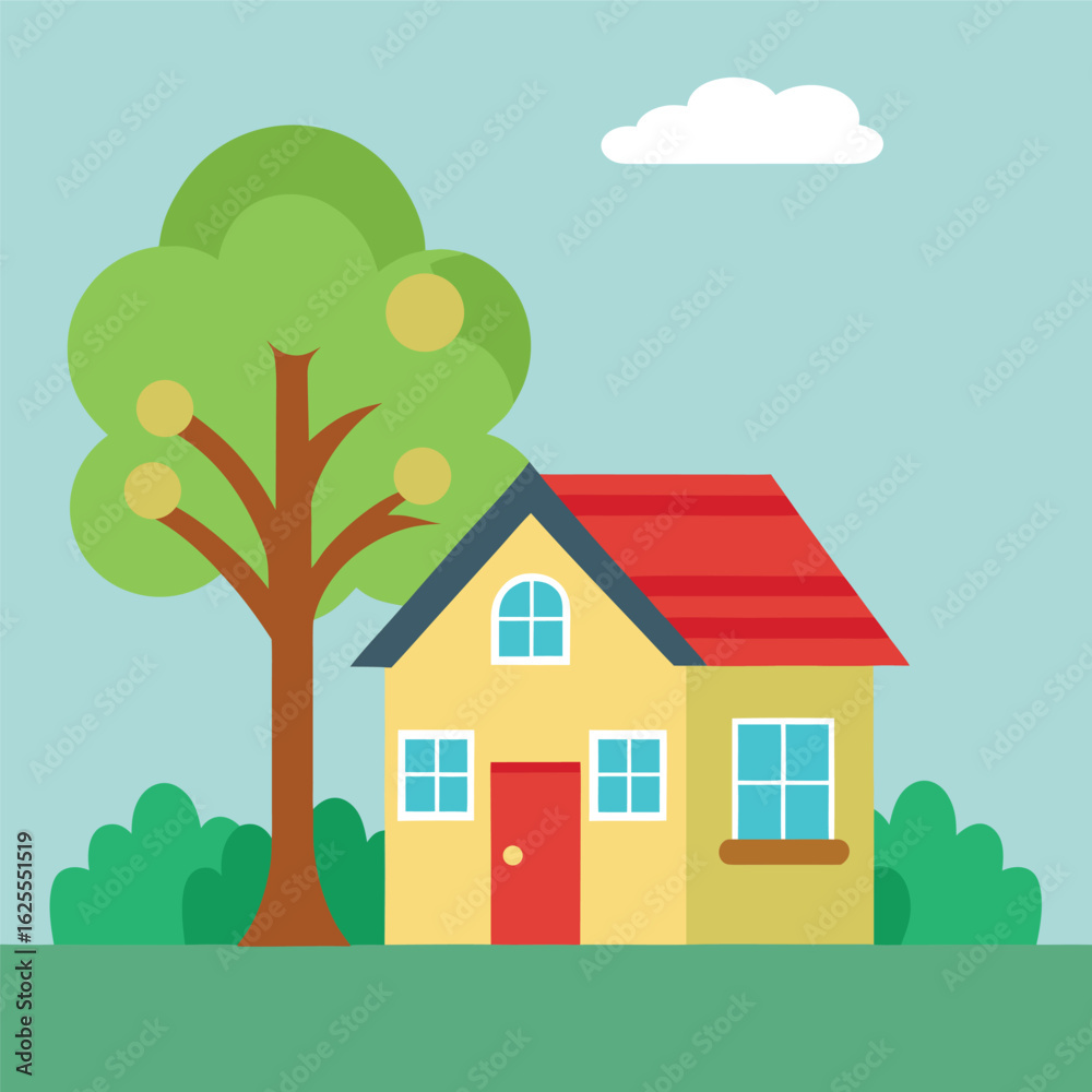 Fototapeta premium Charming house with a lush green tree illustration