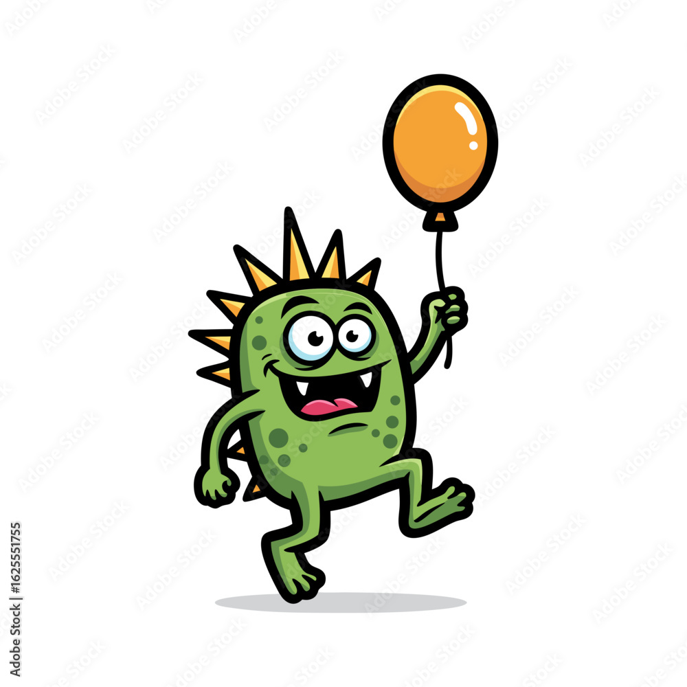 Fototapeta premium Playful Green Creature With Spikes Holding Orange Balloon