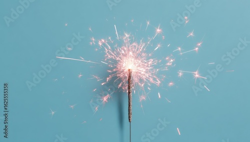A lit pink sparkler against a pale blue background, its bright sparks radiating outwards, casting a subtle shadow