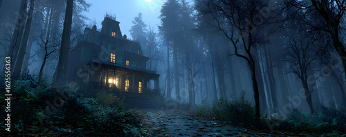 scary haunted house in forest during night. Extremely detailed and realistic high resolution illustration
