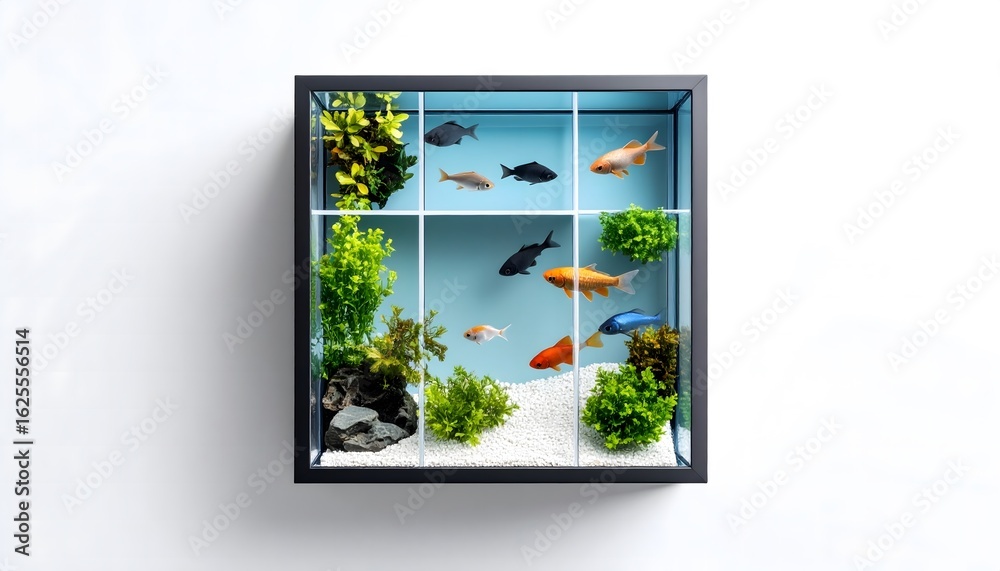 Fototapeta premium Fish swim in a modern square aquarium.