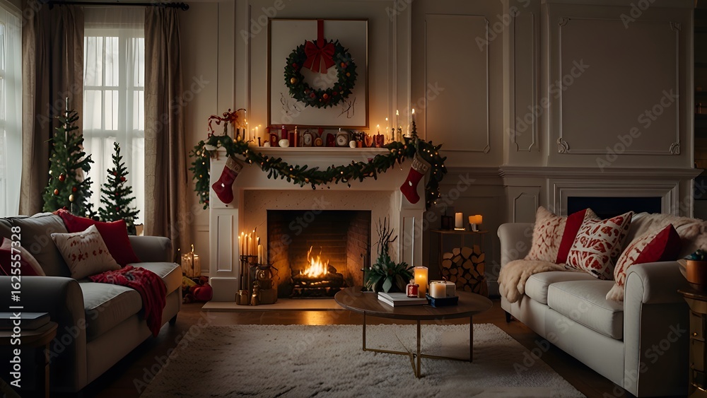 Fototapeta premium A cozy living room with a lit fireplace and decorated Christmas tree, with a view of a snowy winter day through the window. Festive home concept