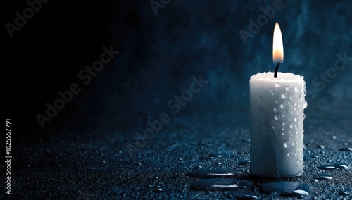 A single, wet, white candle burns brightly against a dark, textured background; water droplets surround its base