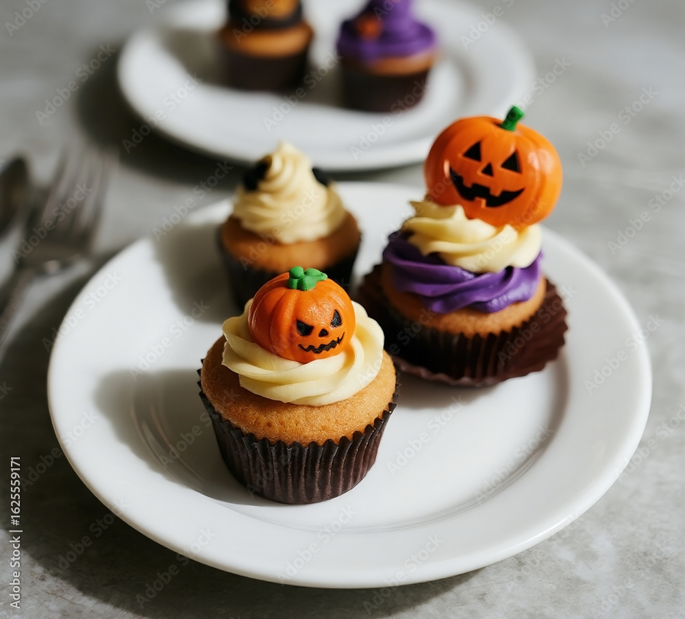 close up cupcakes with halloween decorations on top. close up cupcakes with halloween decorations on top.