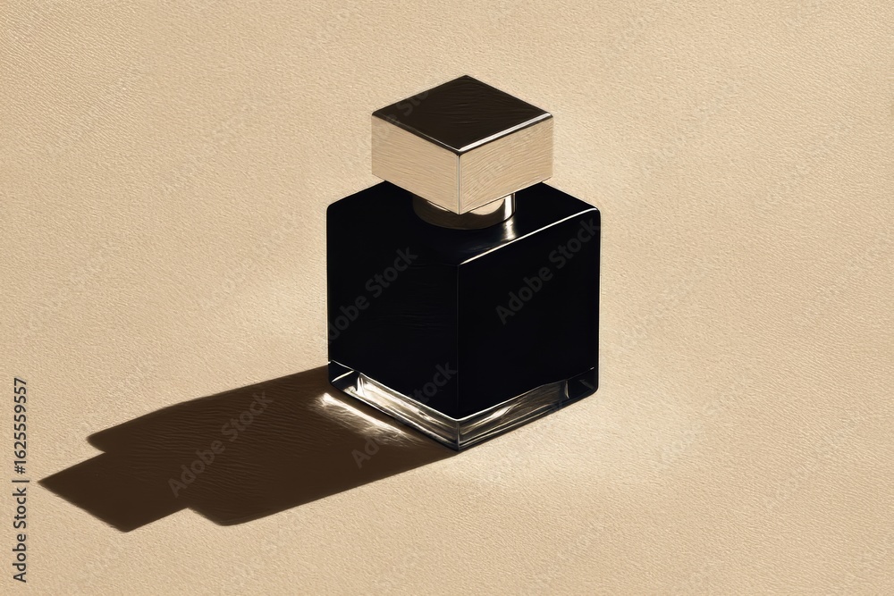Obraz premium Softly lit, an elegant black ink bottle rests on a surface with a pronounced texture, creating an interplay of shadows and reflective light