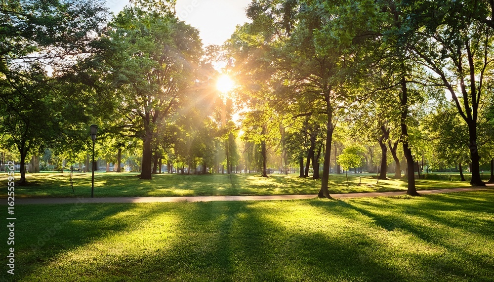Naklejka premium sunlight shining through trees in urban park