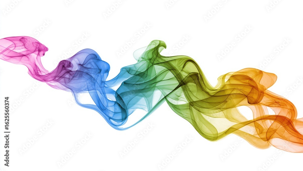 Obraz premium Abstract rainbow-hued smoke trails elegantly swirl and flow against a stark white background, creating a vibrant, dynamic composition