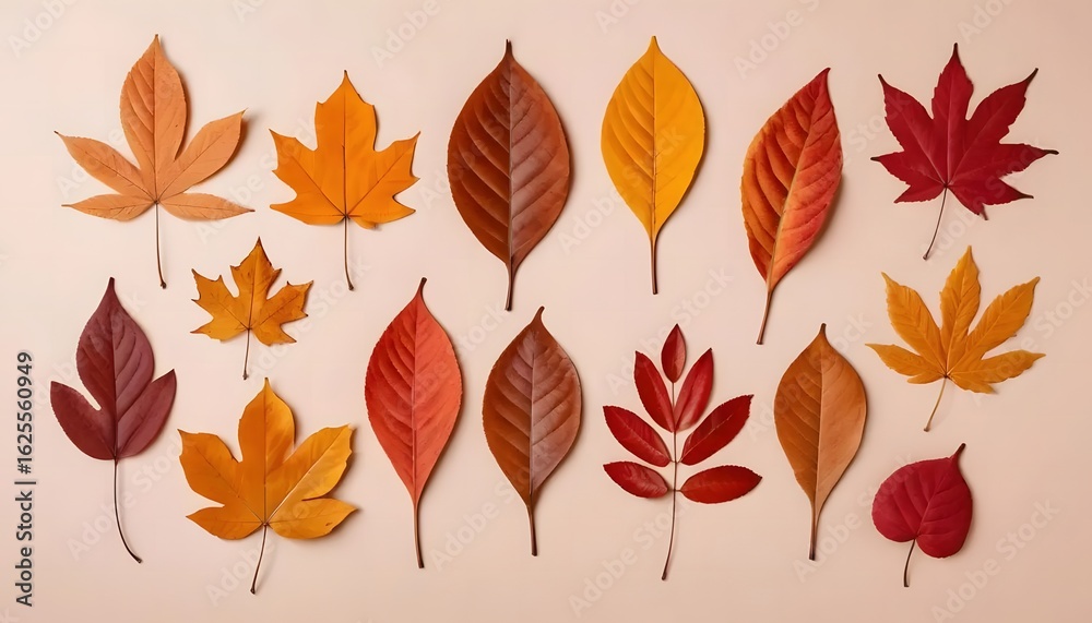 Obraz premium Autumnal Array: Vibrant Fall Leaves in Harmonious Composition on Light Background