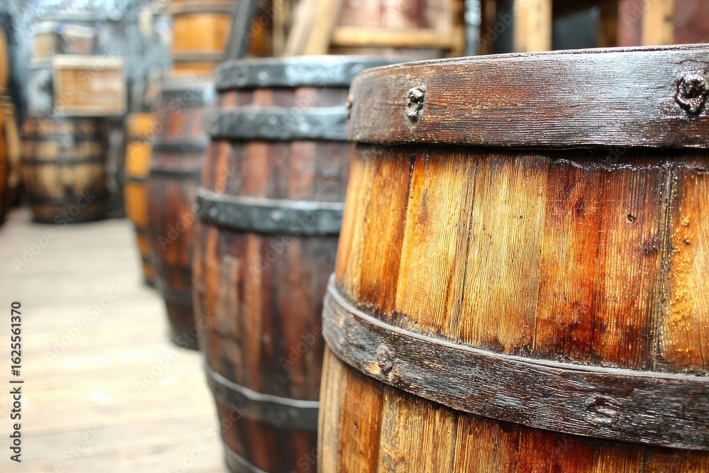 Aged wooden barrels in a row. Close-up on weathered wood Aged wooden barrels in a row. Close-up on weathered wood