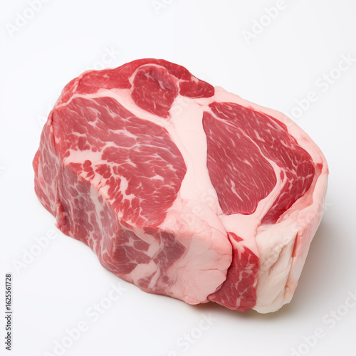 Raw Marbled Ribeye Beef Steak on White Background. Fresh Cut of Premium Red Meat with Fatty Texture and Detail. High-Quality Butcher’s Meat for Cooking, Grilling, or Barbecue.