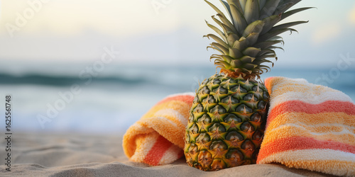 Fresh Pineapple with Colorful Beach Towels on Sandy Shore. Tropical Summer Vacation Scene with Ocean Waves and Sunset Light. Relaxing Coastal Concept for Travel and Leisure Themes.