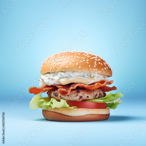 Delicious Cheeseburger with Bacon, Lettuce, Tomato, and Creamy Sauce on Sesame Bun. Gourmet Fast Food on Blue Background. Tasty Juicy Hamburger with Crispy Layers in Studio Lighting.