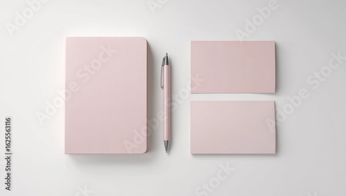 Pale pink notebook, pen, and two blank cards arranged on a white background; minimalist stationery