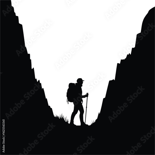 Silhouette of a hiker with a backpack and trekking pole between mountain peaks isolated on white background silhouette