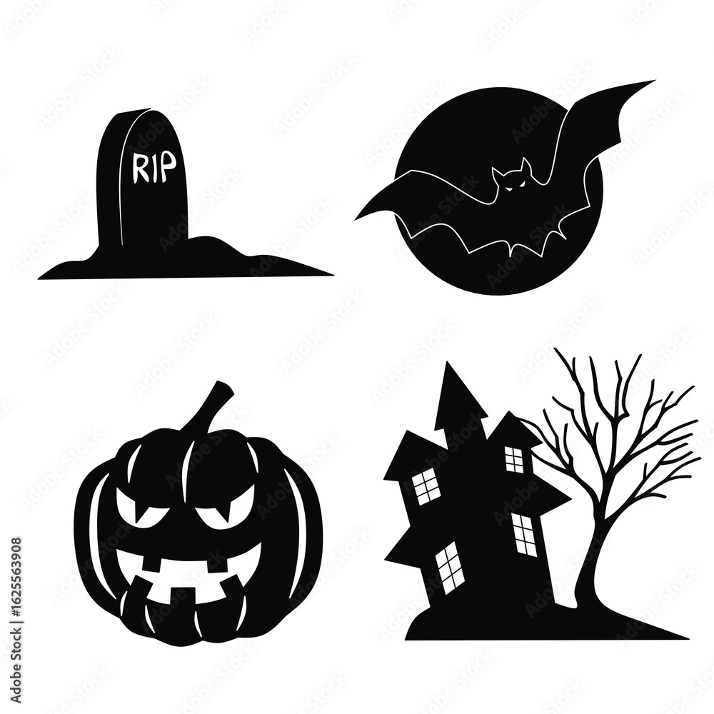 Obraz premium Set sillhouette Helloween icon vector on white background,set hellowen on black color set sillhouette Helloween icon image, Helloween set icon on black 