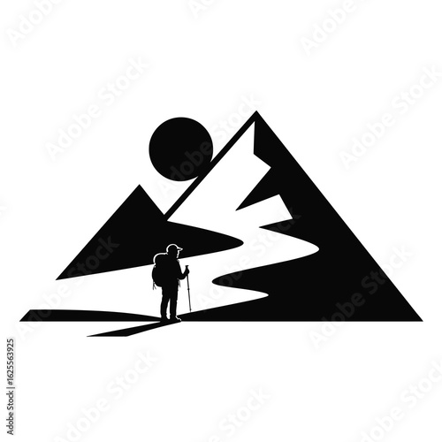 Silhouette of a hiker with a backpack and trekking pole in front of mountains and sun isolated on white background silhouette