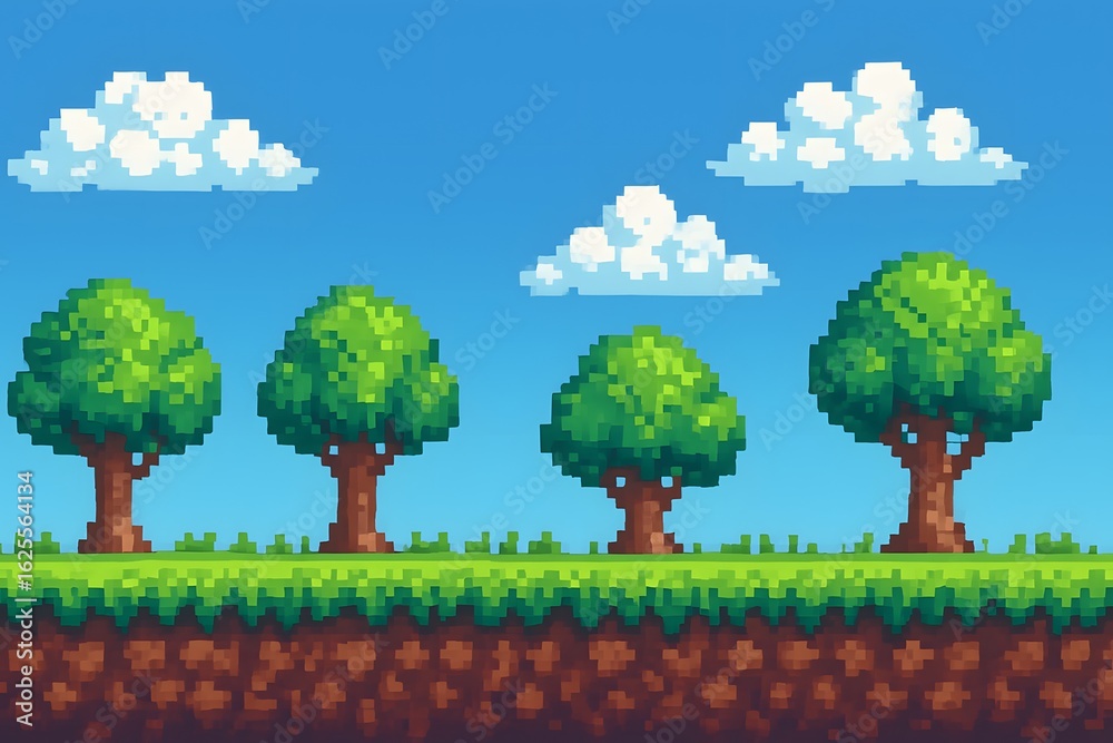 Fototapeta premium Peaceful Outdoor Game Environment with Trees and Grass, Pixel Art Nature Background on a Sunny Day