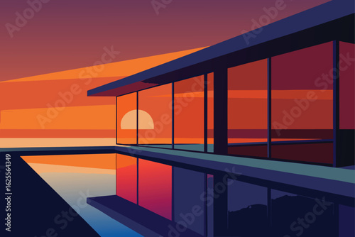 sunset reflection on glass walls of beach villa  .eps