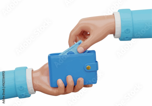 Person putting a blue bill into a blue wallet held by another person in blue sleeves and white cuffs