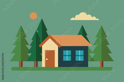 tiny house with solar panels in forest landscape  .eps