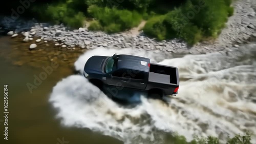 Aerial view of a dark gray pickup truck traversing a shallow river, creating splashes of water around its wheels with green vegetation lining riverbanks and rocky shores.