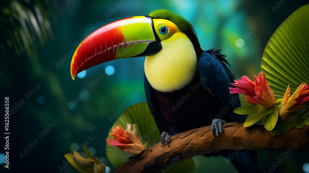 Fototapeta premium Query successfulVibrant close-up portrait of a keel-billed toucan perched on a branch in a lush, tropical jungle. Perfect for representing exotic wildlife, rainforest conservation