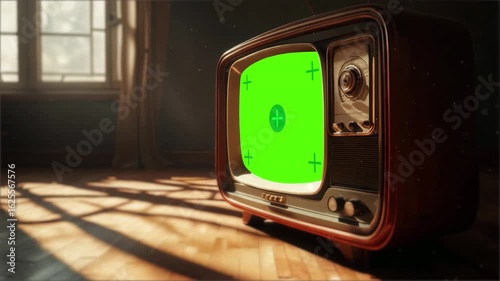 Vintage television set displaying green screen in sunlit room