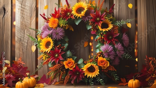 Autumnal Wreath Against Rustic Wooden Background