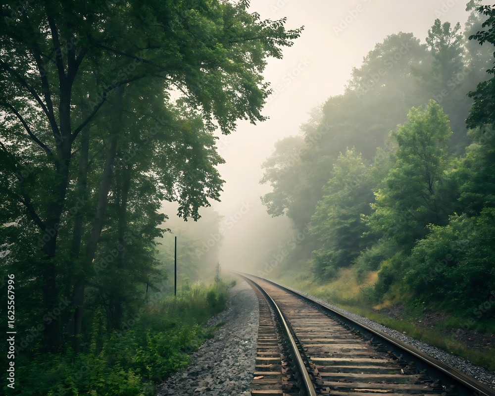 Fototapeta premium Railroad tracks disappearing into the fog in a dense forest
