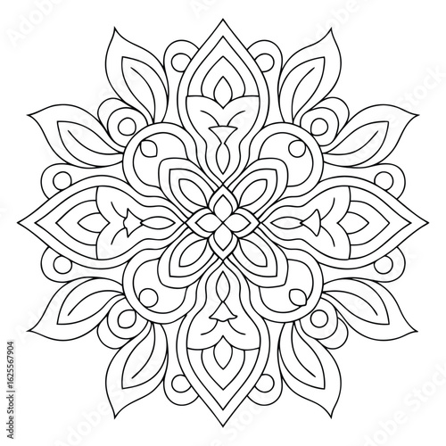 Intricate black and white mandala design with symmetrical floral patterns and decorative elements
