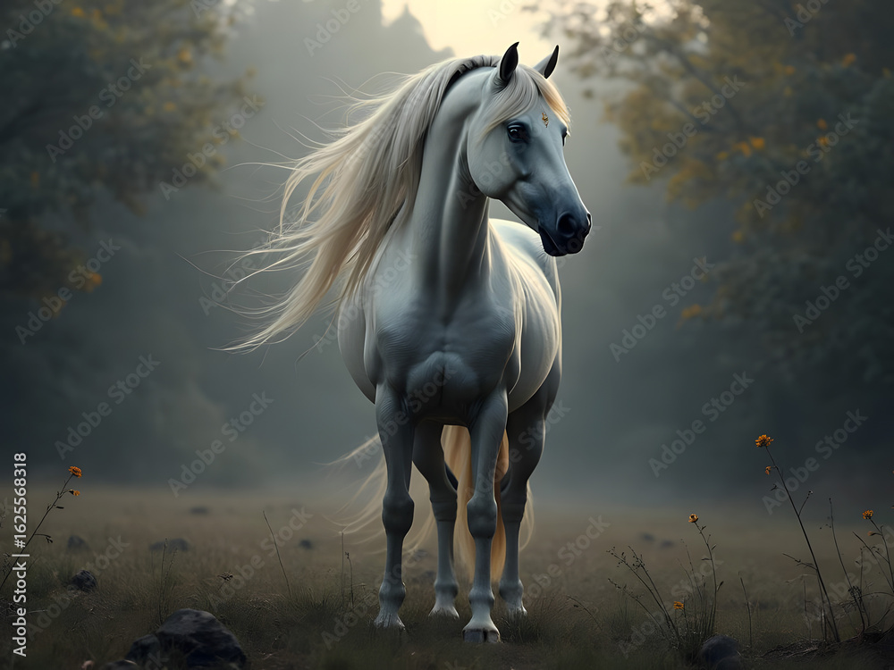 Obraz premium majestic white horse with long flowing mane in misty forest