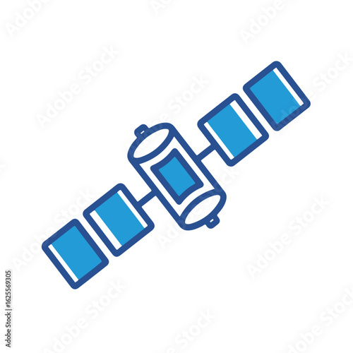 A stylized, blue and white illustration of a satellite in space, showing its solar panels.
