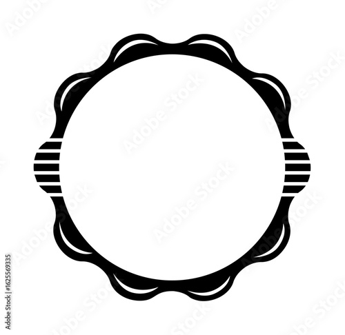 A black and white illustration of a musical tambourine instrument.