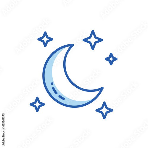 Simple, outlined, light blue crescent moon icon with twinkling stars, representing night.