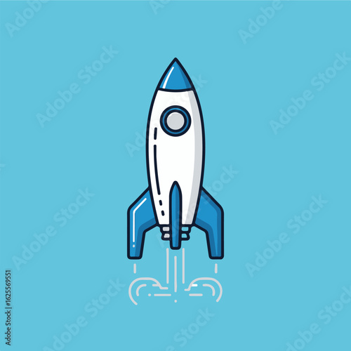 A stylized illustration of a white and blue rocket ship ascending into a clear blue sky, with exhaust trails indicating liftoff.