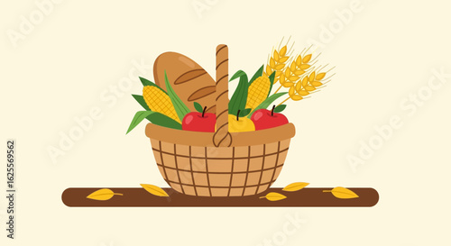 A woven basket overflowing with fresh produce, including apples, corn, and bread, alongside stalks of wheat, suggesting abundance and harvest.
