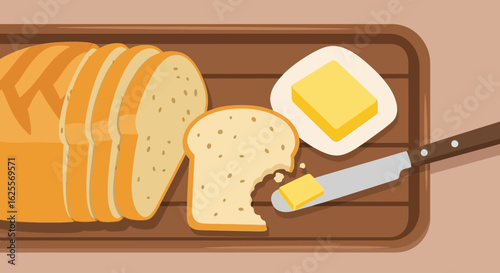 Sliced loaf of bread with a piece being buttered on a wooden board, ready for breakfast.