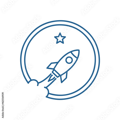 A stylized blue rocket ship launching upwards within a circular frame, with a star above.