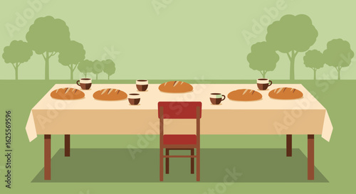 An illustration of a long outdoor dining table covered with a tablecloth, laden with loaves of bread and small cups, with a single red chair.