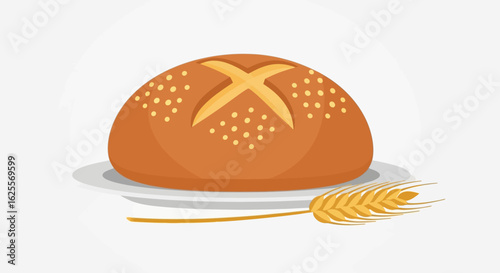 An illustration of a round bread loaf with a cross-cut, served on a plate next to a golden wheat stalk.