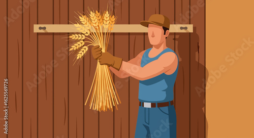 Farmer holding a bundle of wheat in front of a wooden barn door, preparing the harvest.